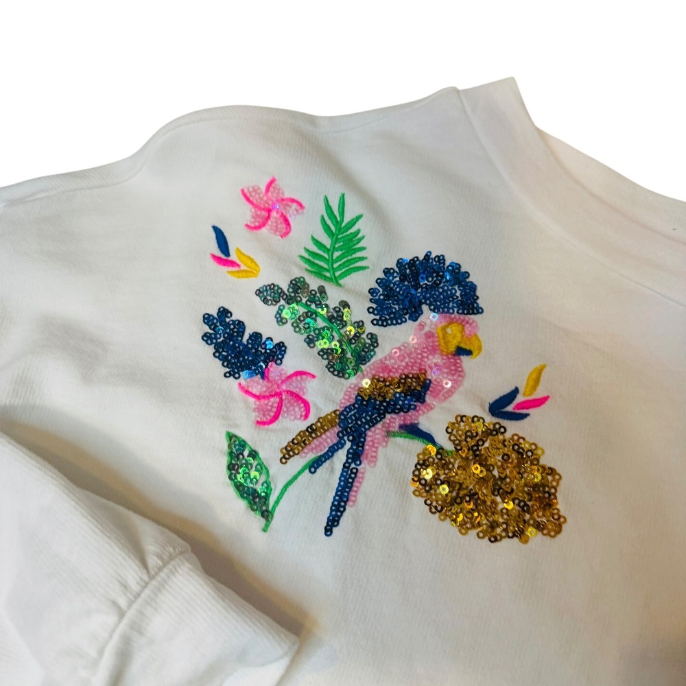 Lilly Pulitzer White Parrot Sequin Tropical Embroidered Crew Neck Sweatshirt - Picture 4 of 10